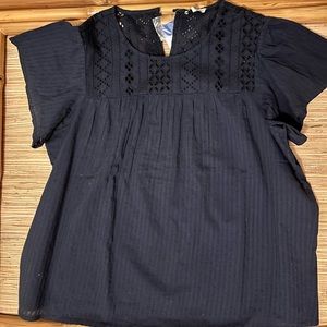 Ella Moss Womens Navy Blue Short Sleeves Eyelet Round Neck Casual Top Size Large